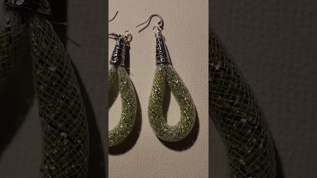 white nylon mesh green bead dangle hoop style earrings