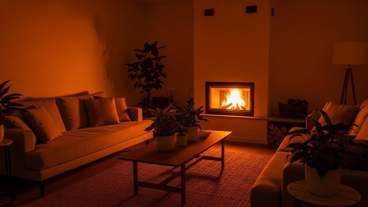 Warm Cozy Living Room Fireplace • Peaceful Rainy Night Ambience for Sleep