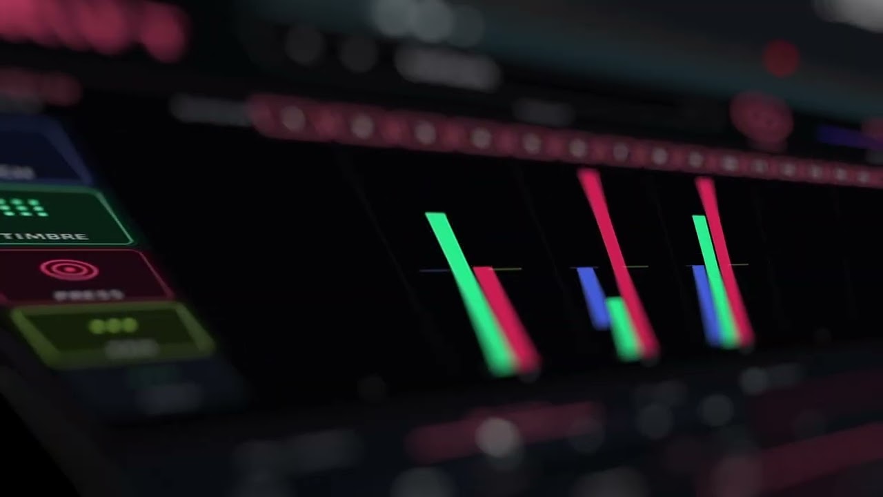 A close up of the MPE Drift window, out of focus. The timbre and pressure lanes sit on the left, moving bars beside them.
