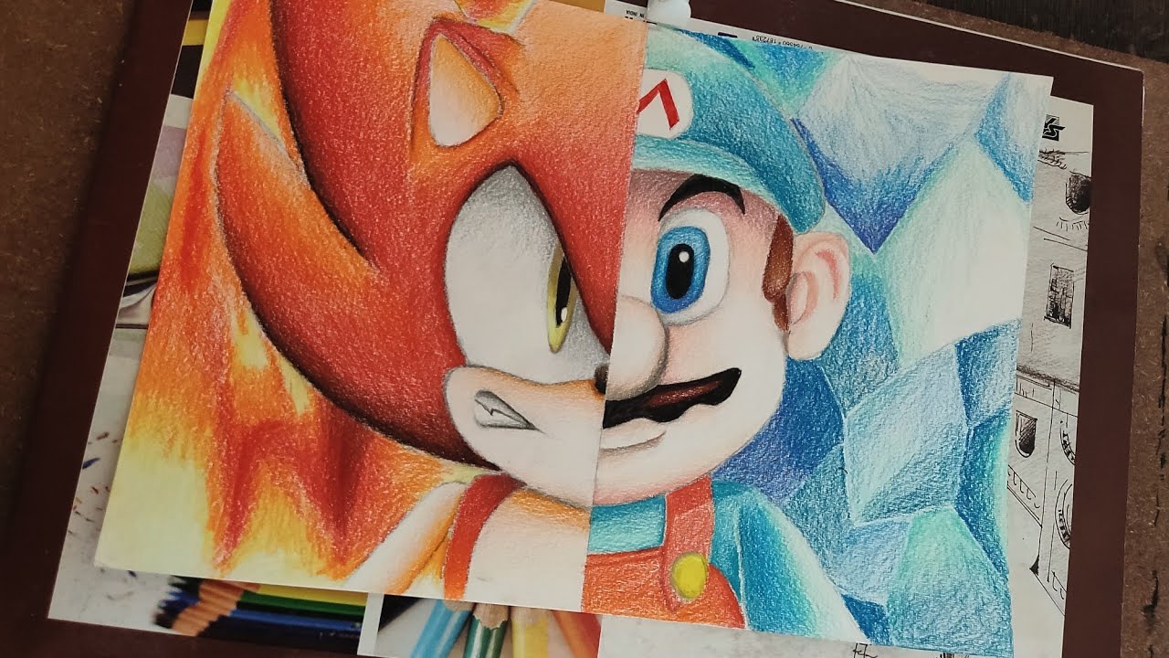 Drawing Fire Sonic vs Ice mario | Sonic the hedgehog and Super mario bros