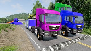 Double Flatbed Trailer Truck vs Speedbumps Train vs Cars | Tractor vs Train Beamng.Drive 001