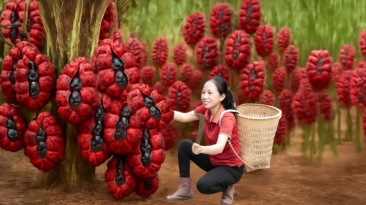 Harvesting Rare Red Ambarella fruit Go to Market Sell – Making sweet and sour salad, crispy