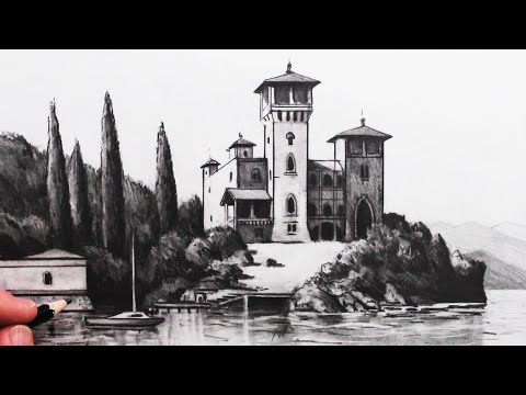 How to Draw a House using 1-Point Perspective: Villa Gaeta Lake Como