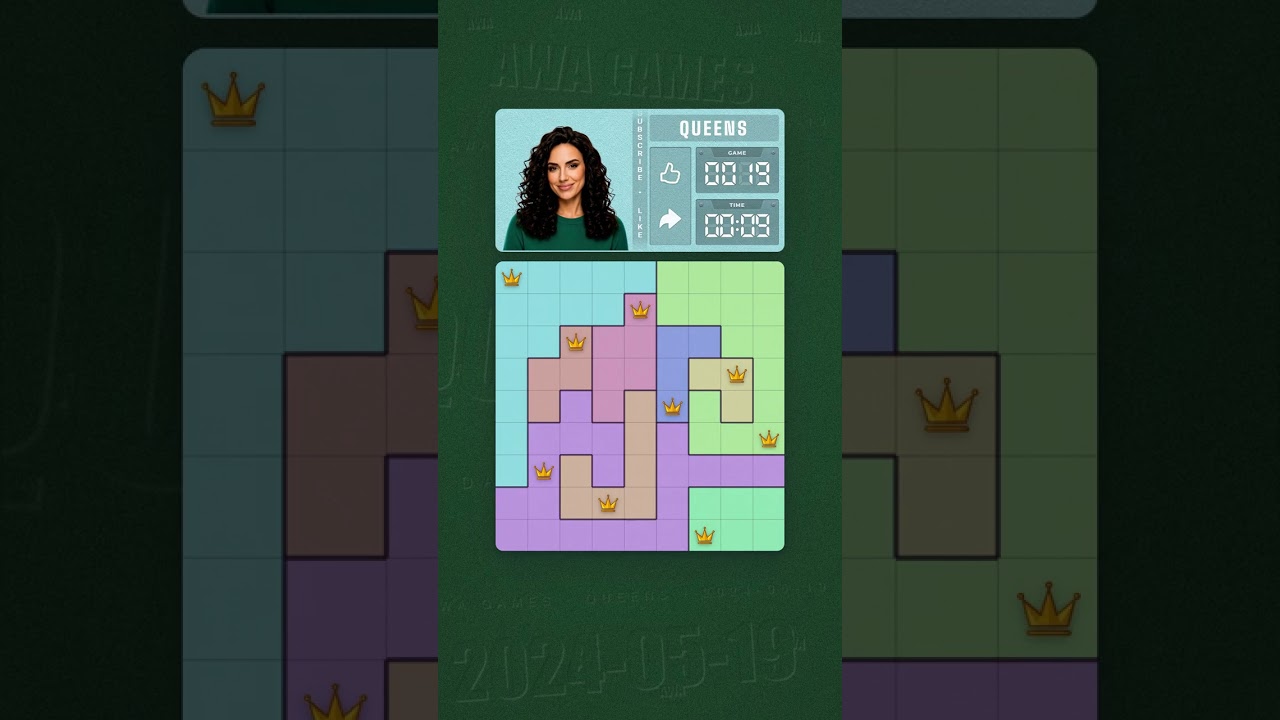 LinkedIn Queens #19 solved board for May 19, 2024, 9x9 grid