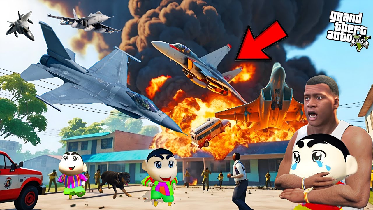 GTA 5 Franklin And Shinchan Air Fighter Jet Crash On School End Los Santos in GTA 5! Bangla Gameplay