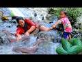 Mother and child - Catch Fish and Natural fruits at river &amp; Cooking Fish for dog Eating delicious