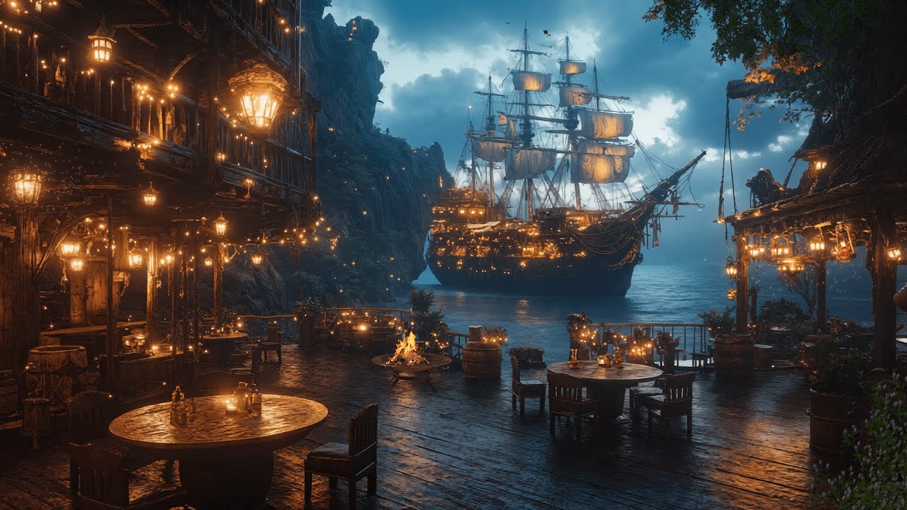 Pirate Tavern by the Sea 🏴‍☠️⚓ | Relaxing Ambience with Glowing Ship ...