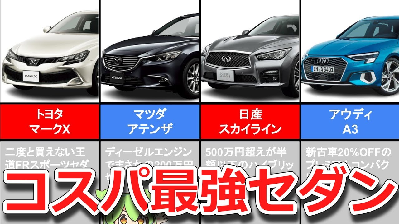 おすすめセダン4選 中古車高騰の今 セダンのコスパが最強 走行性能 高級感抜群なのにお得すぎる ずんだもん解説 Youtube