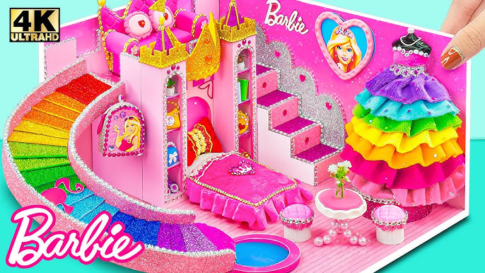 Building Cute Pink Hello Kitty Bedroom has Bunk Bed, Rainbow Slide Pool ❤️  DIY Miniature Clay House 