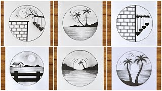 6 Easy Circle Scenery Drawing Ideas || Easy nature scenery drawing || Circle drawing for beginners