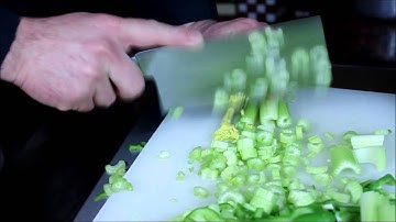 D-10 Medium Slicer on Celery - Maestro Wu Bombshell Steel Knives - Jende industries