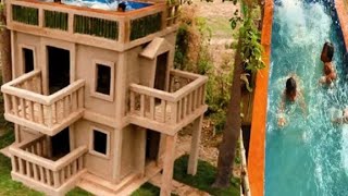 كيفية بناء منزل الطين وحديقة الورود  جميل. How to build mud house, Rice gardend and beautiful swimmi