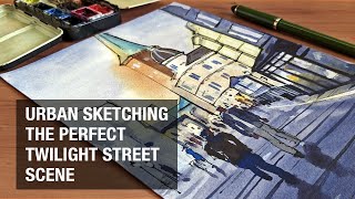 Watercolor & Ink Urban Sketching || Twilight Street Scene