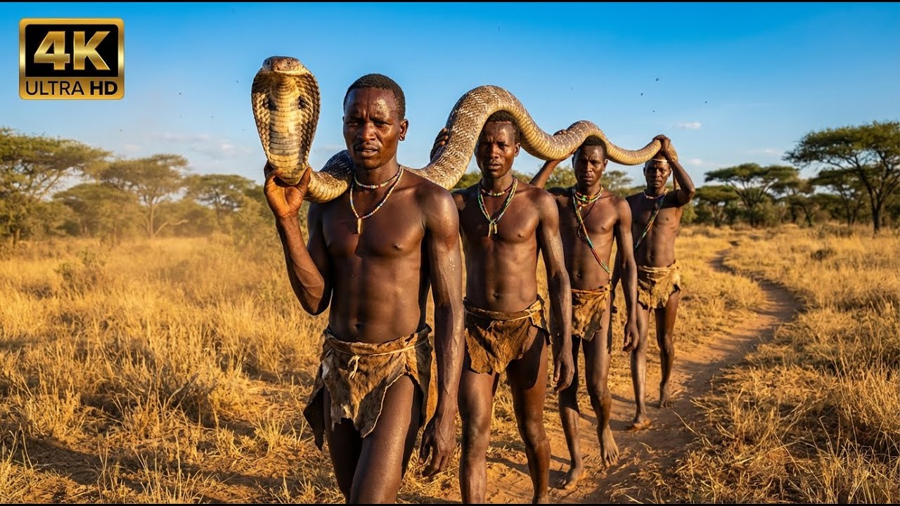 РЕАЛЬНОЕ ВЫЖИВАНИЕ В АФРИКЕ: ХАДЗАБЕ ОХОТЯТСЯ НА ГИГАНТСКУЮ ЕГИПЕТСКУЮ КОБРУ И ГОТОВЯТ НА ПРИРОДЕ