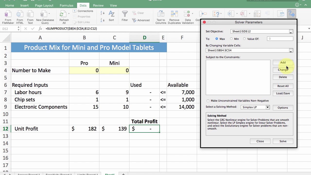 how to use excel qm linear programming