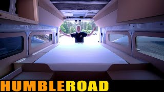 CARDBOARD floor plan in a Ford Transit 350 AWD camper conversion by Humble Road