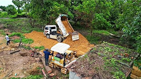Starting new project!! skill operator bulldozer clearing forest and pushing soil on the forest