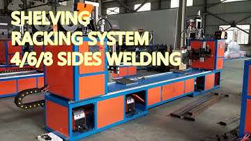 Two working stations pallet rack beams to bracket welding machine empty testing without material