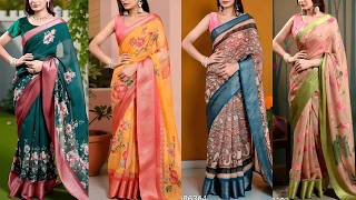 Linen Saree Digital Print With Zari Border Jacquard Pallu For Festive Wear Saree
