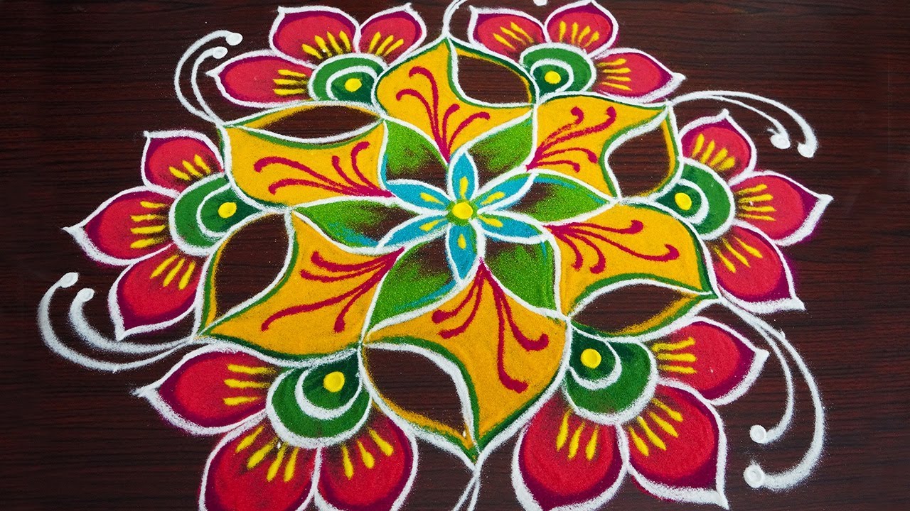 Simple Colourful Rangoli With 9x5 Dots Easy Colour Kolam Chukkala Muggulu For Friday Youtub Rangoli Border Designs Rangoli Designs Rangoli Designs Flower