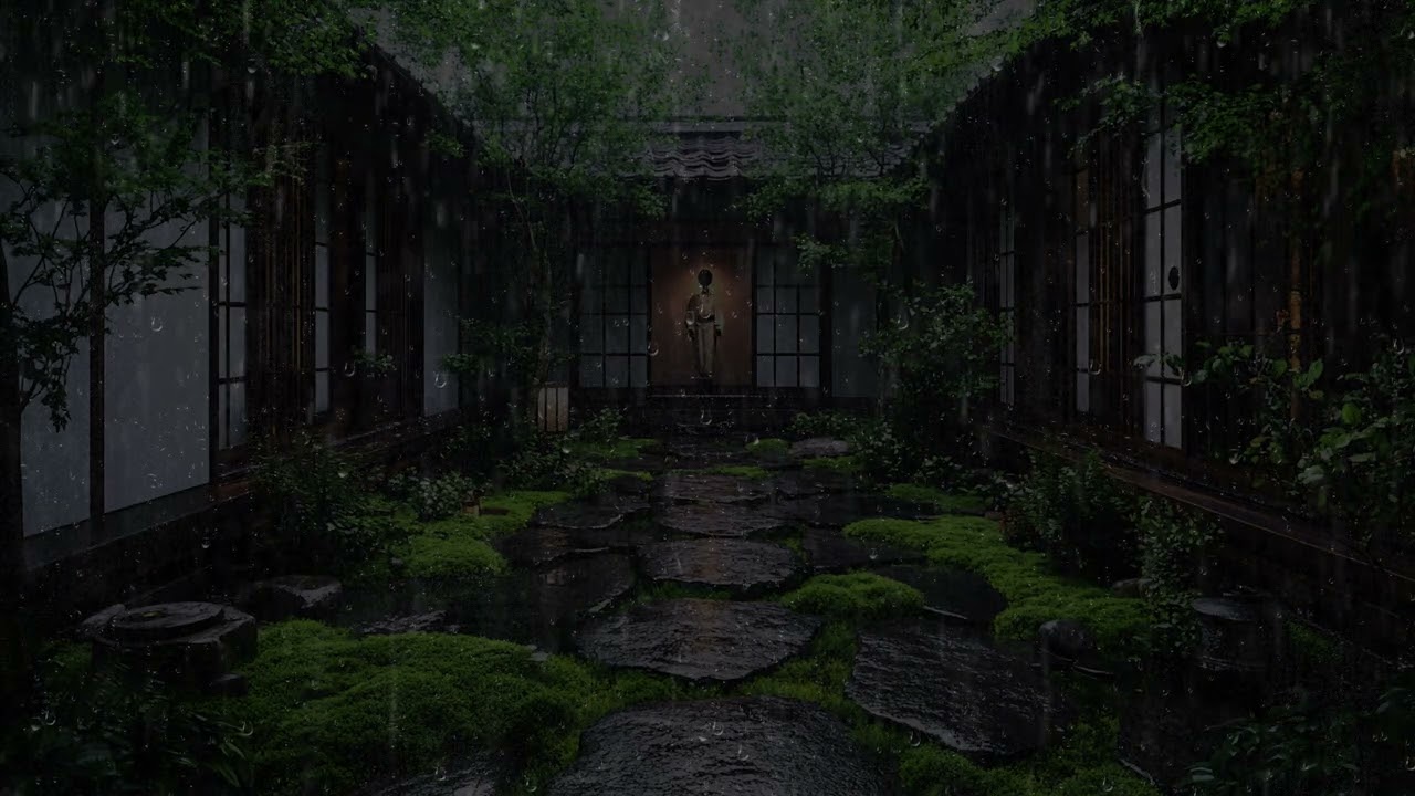 Rain Sounds in a Mysterious Japanese Courtyard | Mossy Path and Warm Lights for Deep Relaxation