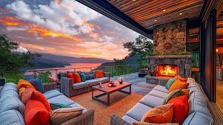 Soothing Jazz Music with Balcony Sunset ☕ Warm Fireplace Sounds for Relaxation, Stress Relief