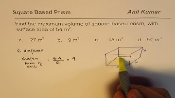 Maximum volume of rectangular square based prism with area of 54