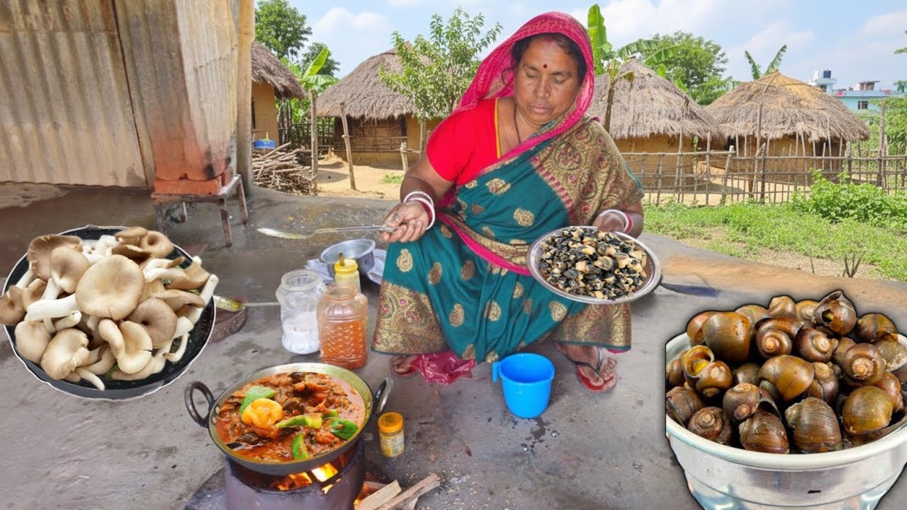 Tiny Snail and Mushroom curry | Village lifestyle and Cooking in Nepal | Traditional cooking terai