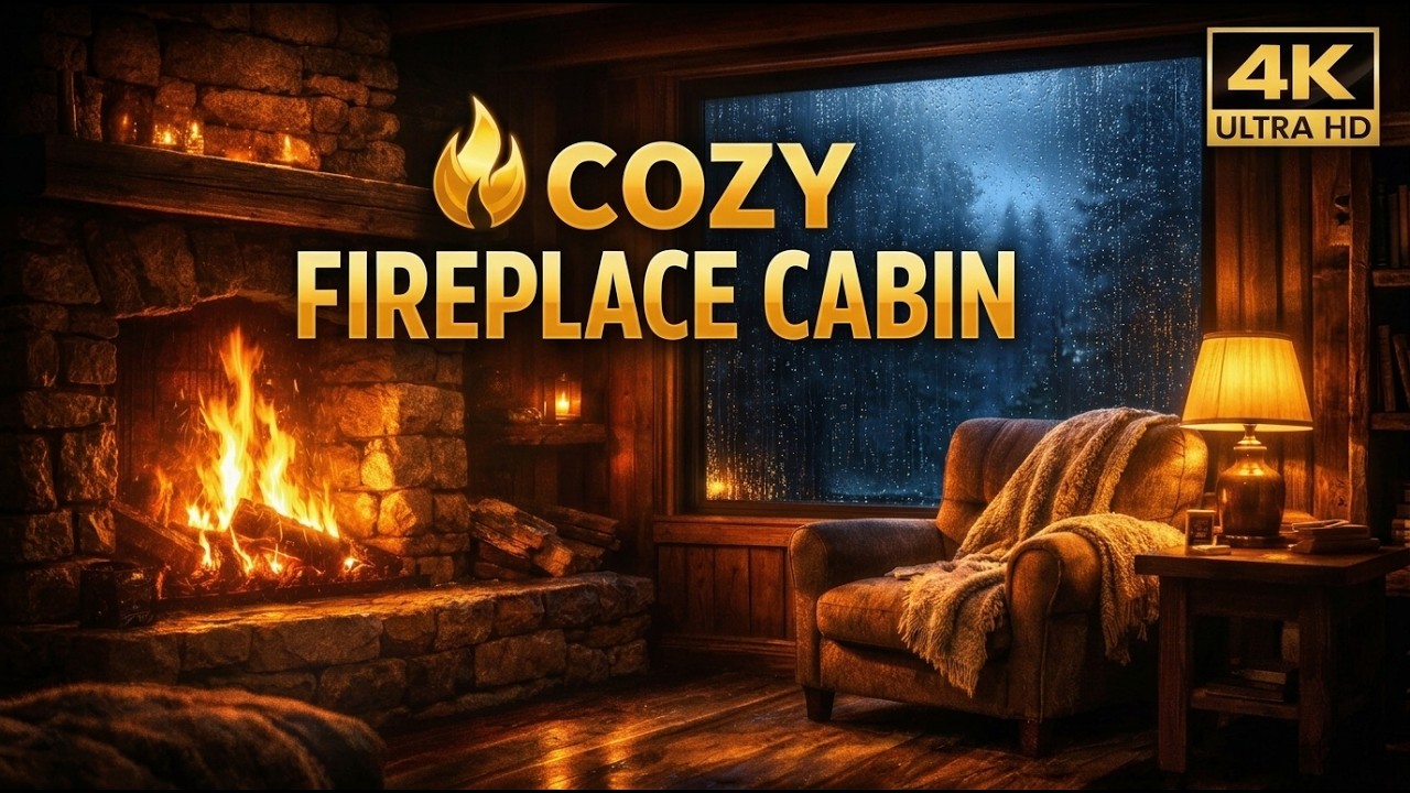 8 Hours Cozy Fireplace with Rain Sounds 🌧️ Crackling Fire for Deep ...