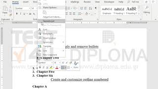 Apply to the text Chapter One to Chapter Three bullets or numbering (with the default values)....