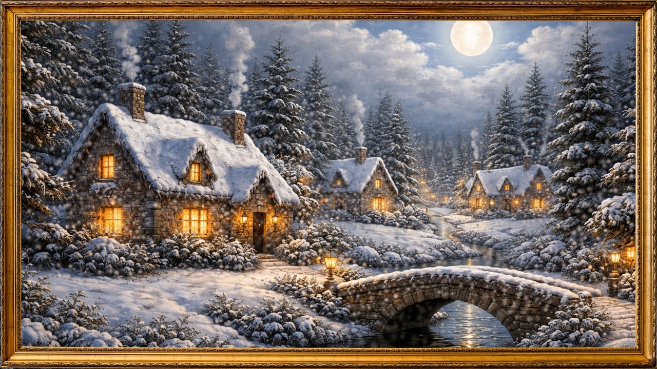  Snowy Winter Night Ambience ❄️ Cozy Cottage in Snow with Relaxing Aesthetic Music (1 Hour)