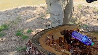 Slow Motion Cut Test - Deejo 37G Astro Tattoo Linerlock Cutting A Bottle Of Blue Water