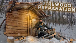 Night in the log cabin, Firewood Preparation, Cozy Bushcraft shelter, solo overnight