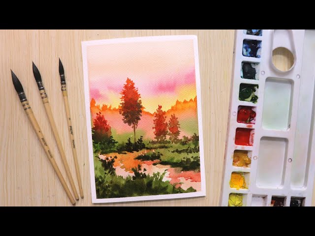 Watercolor painting for beginners beautiful sunset and tree