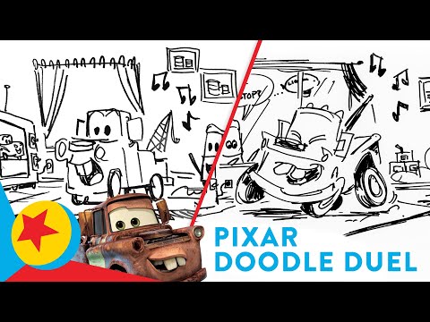 Pixar Artists Face Off to Draw Mater in the Living Room Dancing | Pixar Doodle D