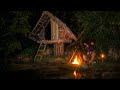 Solo overnight in wood shelter  survival fishing with bamboo rod