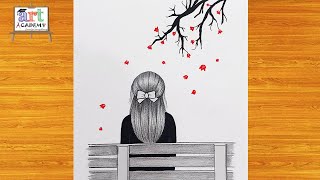تعليم الرسم | رسم بنت من الخلف تجلس بجوار شجرة بالقلم الرصاص للمبتدئين | رسم بنات | Drawing Girl