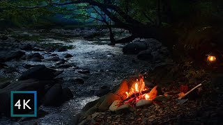 4K Midnight campfire by the river — Owls, cracking fire and river | Relaxing nature sounds