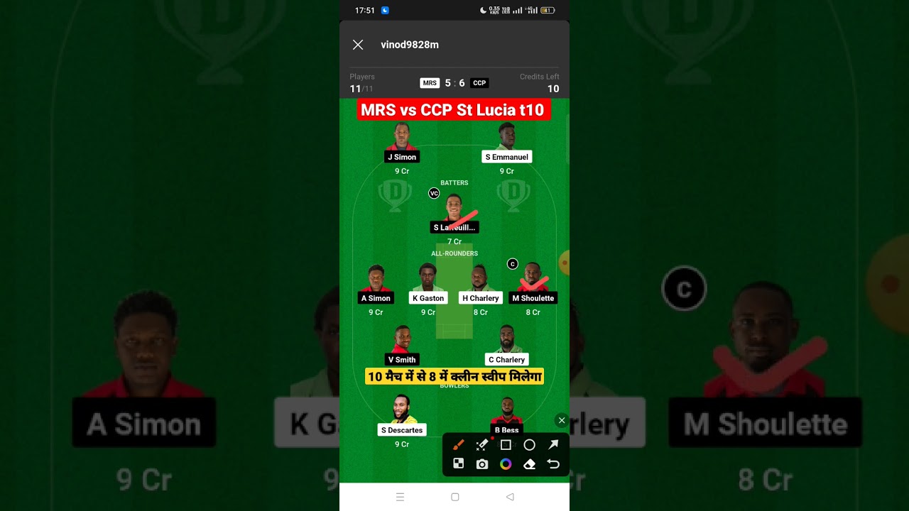 MRS vs CCP t10 Dream11 Prediction, MRS vs CCP Dream11 Team, St Lucia t10 Dream11 Team Of Today Match