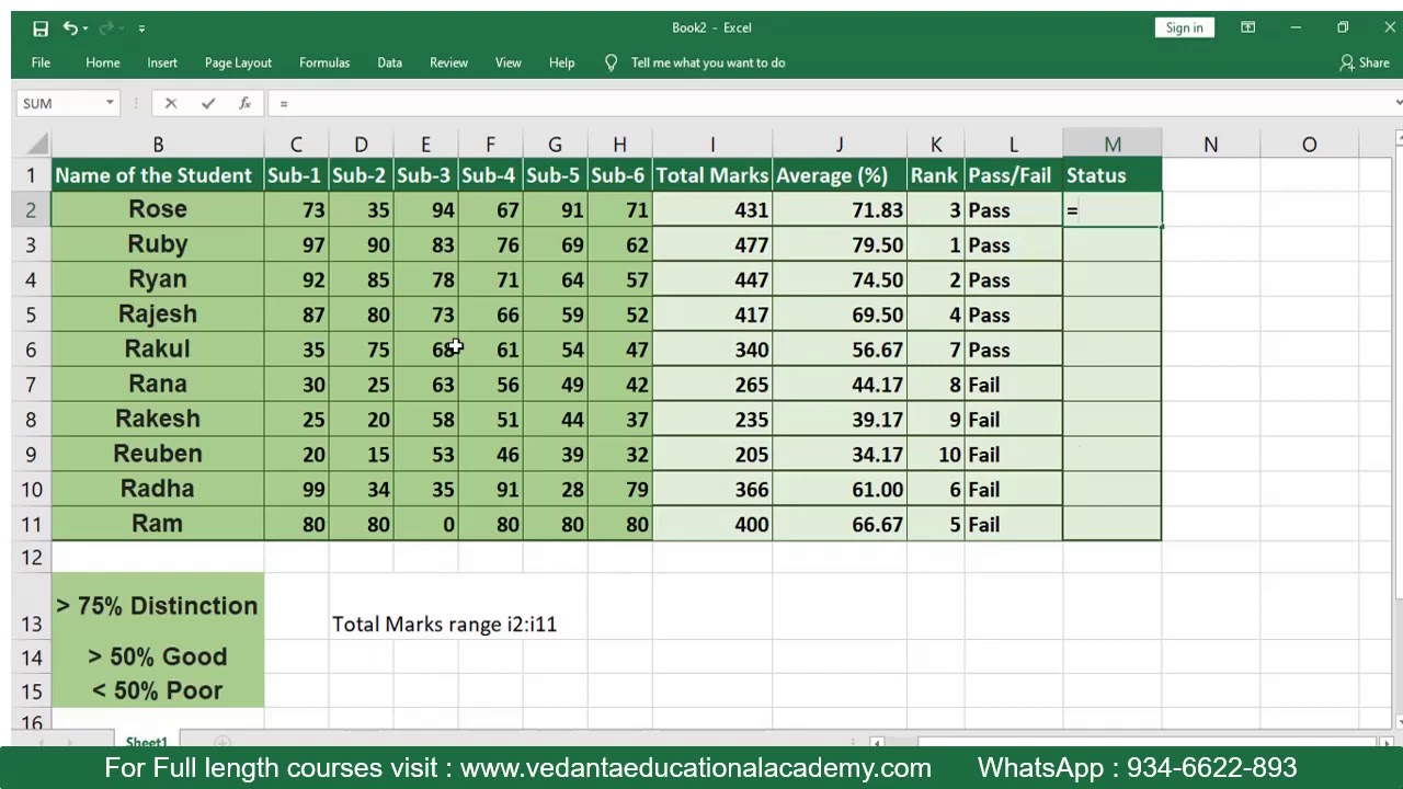 MS Excel   Student Mark Sheet Calculation   Sum Average Rank Grade Pass Fail Status