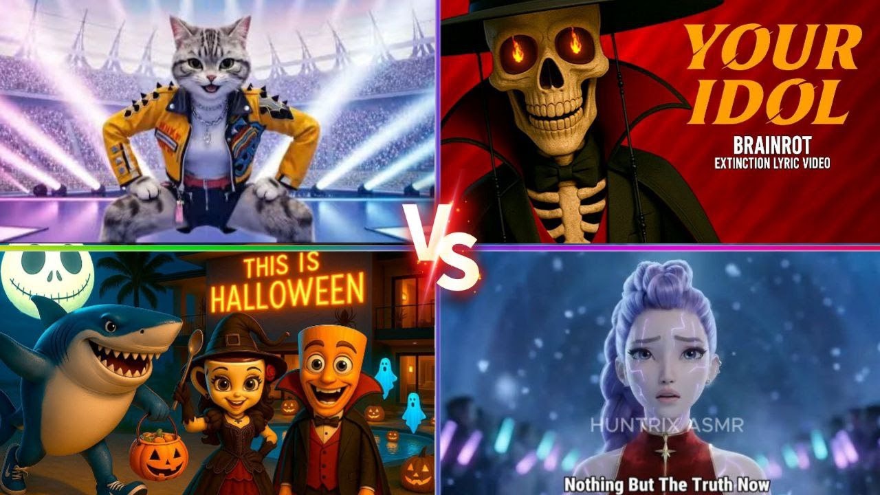 Epic AI Showdown: Rockstar Cat vs Skeleton Idol, Halloween Crew, and Truth Seeker in Neon Arena Batt