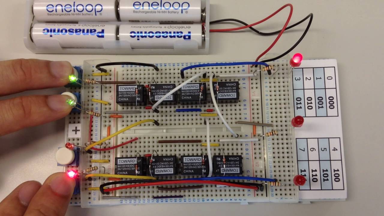 a two-bit relay adder on breadboard - YouTube