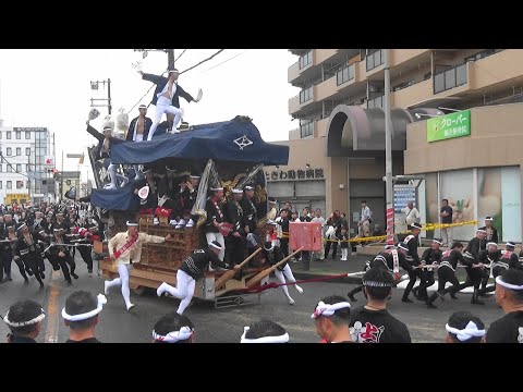 南掃守だんじり祭り 試験曳き 下松駅前付近の各町やりまわし 2025.10.05.　福田町、中尾生町、尾生町、山下町、八阪町、上松、福田町、西之内町、下松町