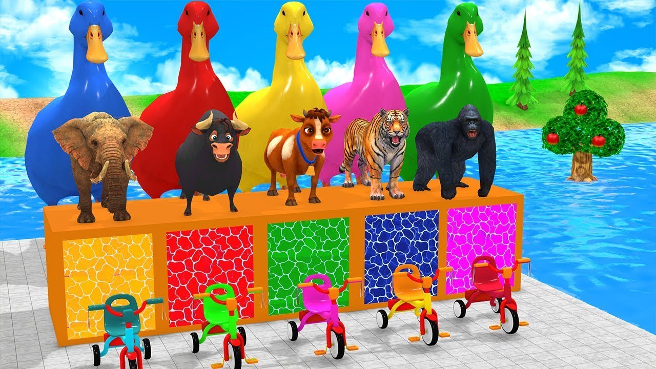 Long Slide Game With Elephant Gorilla Buffalo Hippopotamus Tiger - 3d Animal Game - Funny 3d Animals