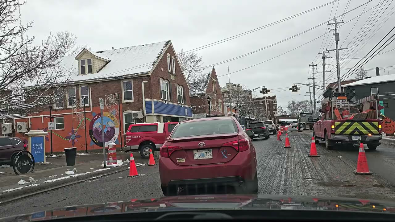 First snowy drive on Highway 1 through the construction Downtown Kentville towards New Minas. 