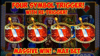 FOUR SYMBOL TRIGGER & RETRIGGER MASSIVE BONUS INSANE WIN on The King And The Sword Slot MAX BET!