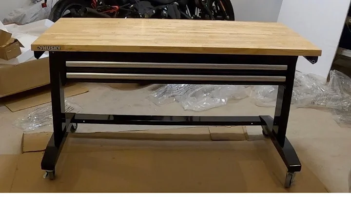 HUSKY 52" ADJUSTABLE HEIGHT WORK TABLE WITH 2 DRAWERS UNBOXING AND ASSEMBLY