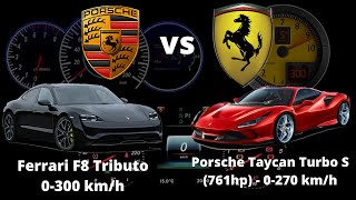 Porsche Taycan Turbo S  vs  Ferrari F8 Tributo Acceleration Battle