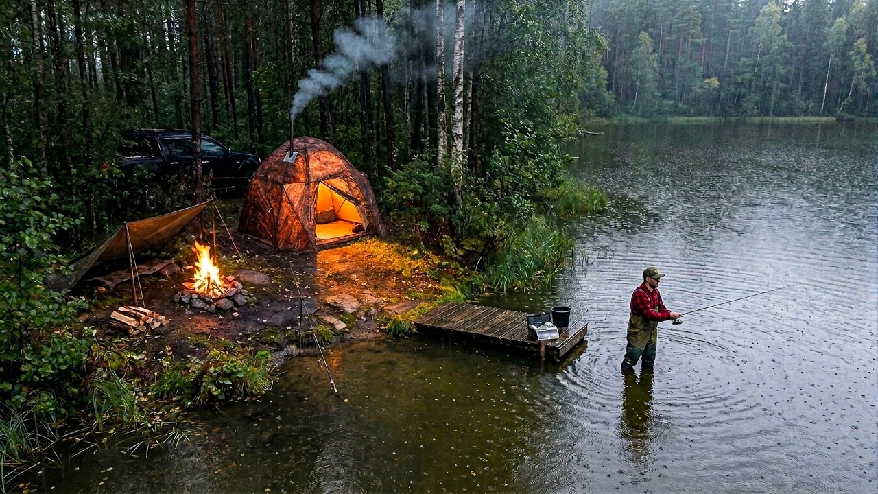 ⁣Camping and Fishing in HEAVY RAIN. Alone at a Remote Forest Lake