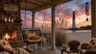 Tranquil Porch at Barnegat Lighthouse Autumn Ambience | Piano, Cello, Ocean Waves & Fire for Reading